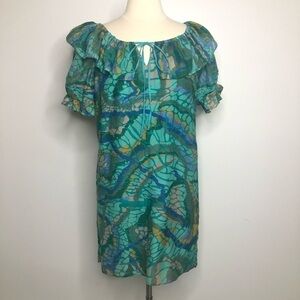 Single blue/green floral print silk & cotton blend dress, size small
